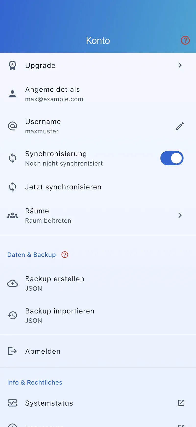 Konto-Bereich mit Sync-Schalter und Status
