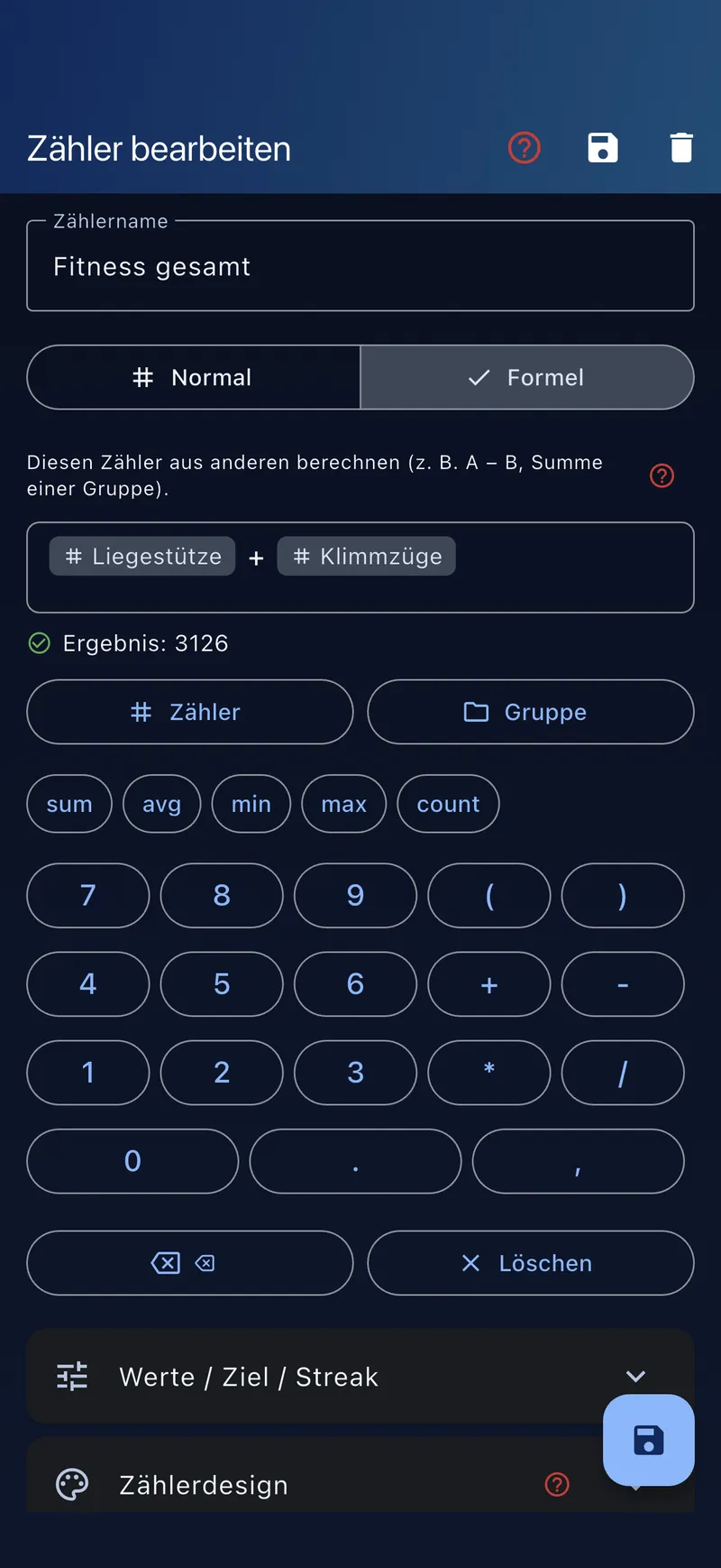 Formel-Editor mit Ausdruck und Live-Ergebnis