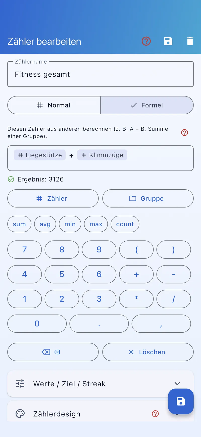 Formel-Editor mit Ausdruck und Live-Ergebnis