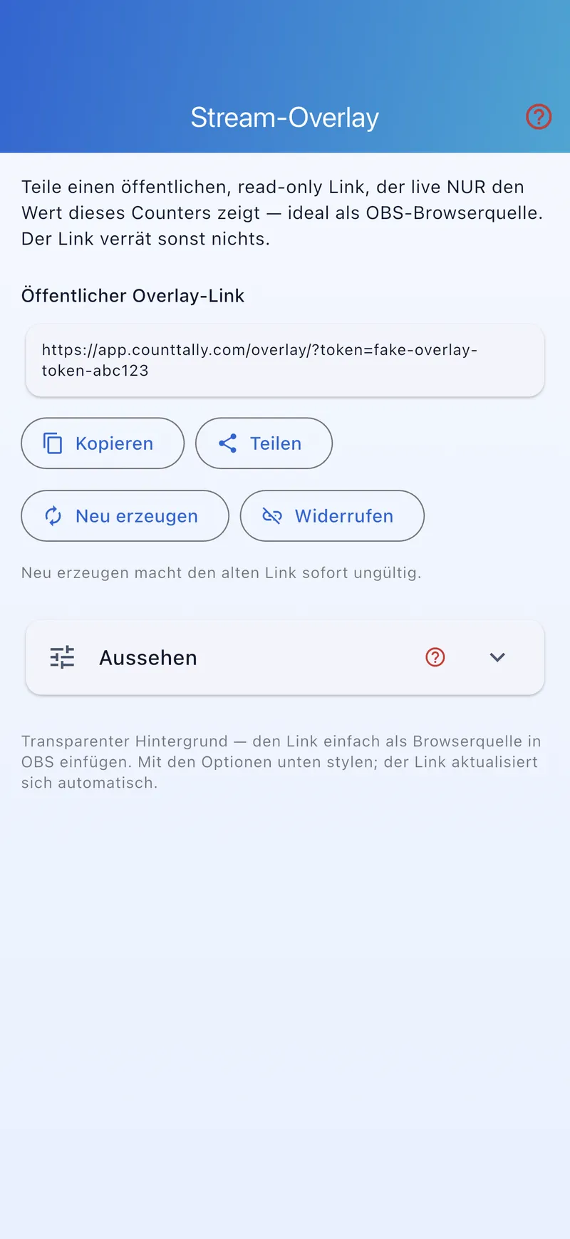 Overlay-Bereich mit Link und Style-Editor