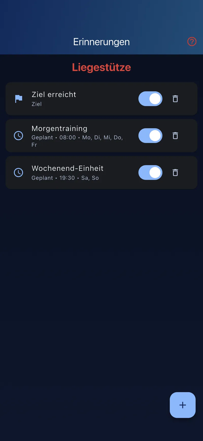 Erinnerungs-Liste mit angelegten Zeiten