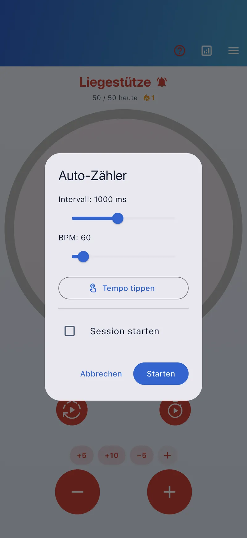 Auto-Count-Dialog mit Intervall, Tempo und Tap-Tempo