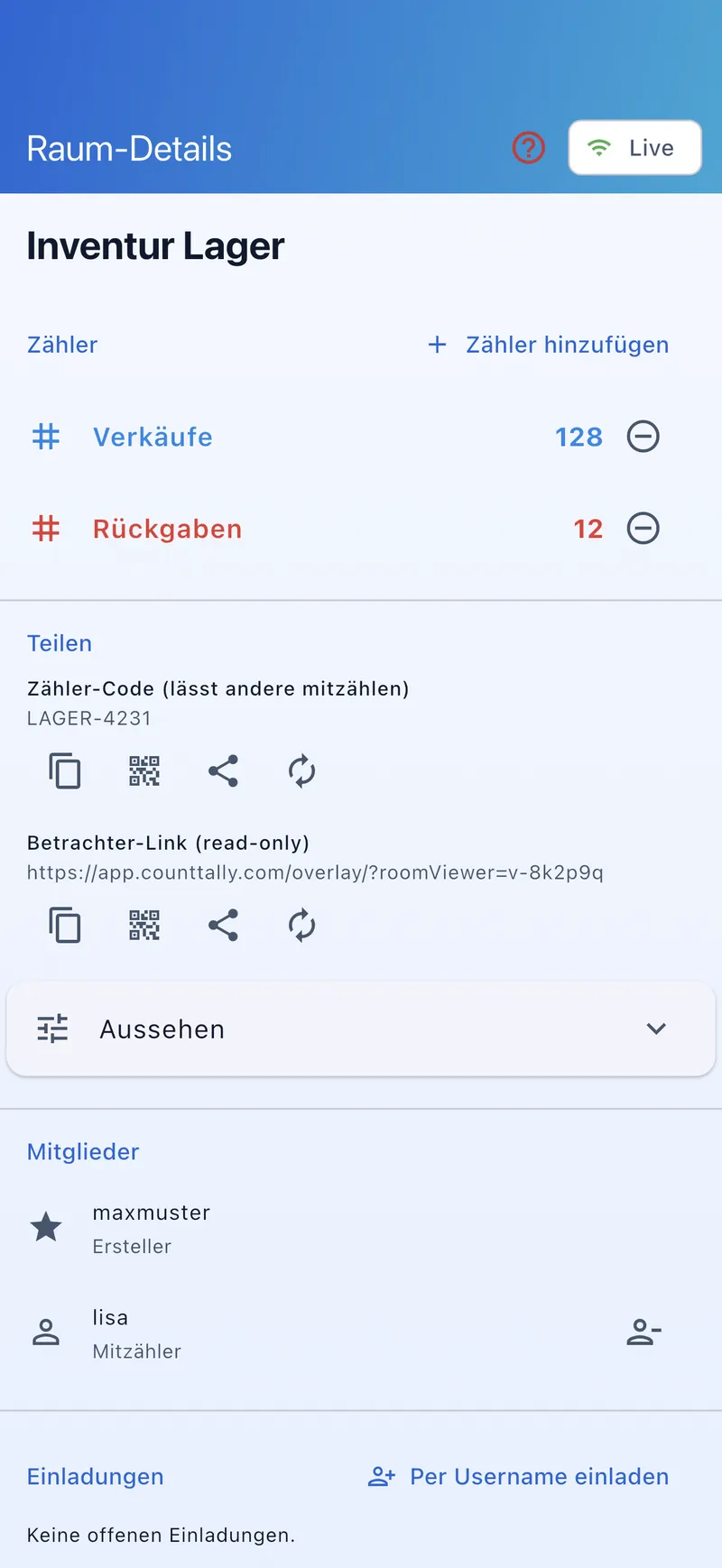 Raum-Ansicht mit Live-Zähler und Teilnehmern