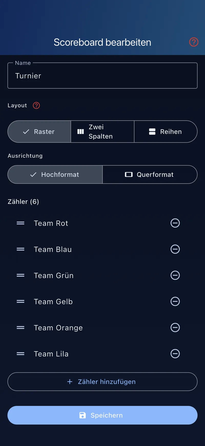 Scoreboard bearbeiten – Teams und Einstellungen