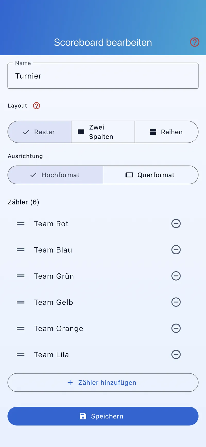 Scoreboard bearbeiten – Teams und Einstellungen