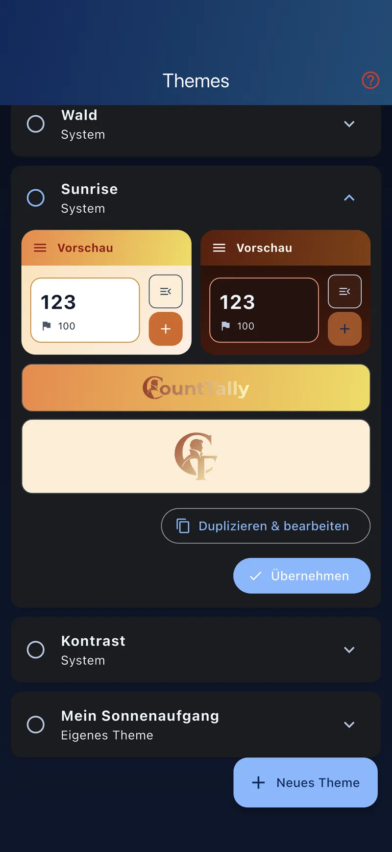 Themes-Liste mit aufgeklapptem Sunrise-Theme