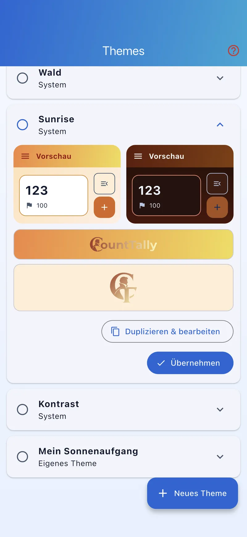 Themes-Liste mit aufgeklapptem Sunrise-Theme