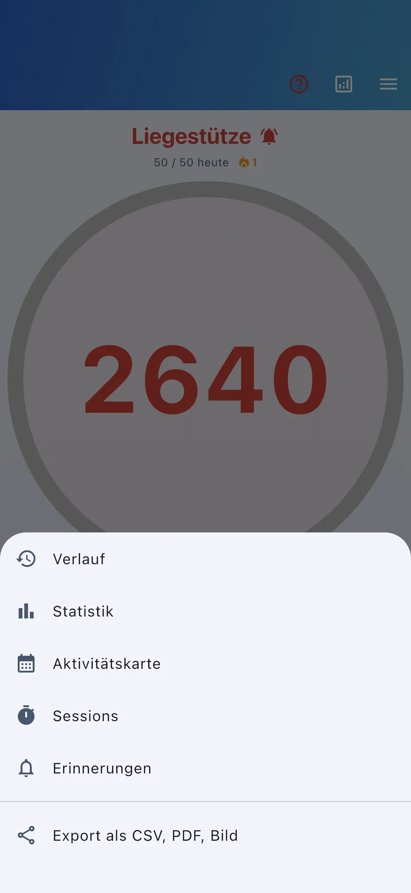 Auswertungs-Menü mit Export-Optionen