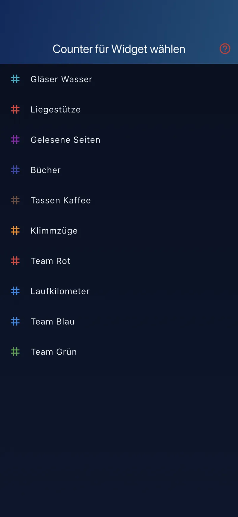 Widget-Konfiguration: Counter für das Home-Widget auswählen