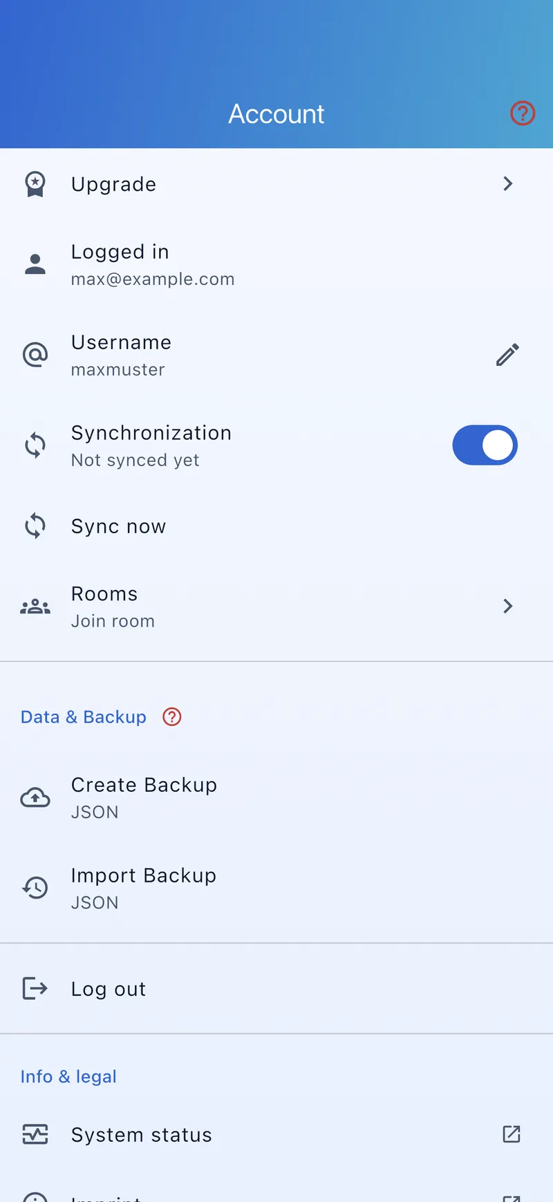 Account area with sync toggle and status