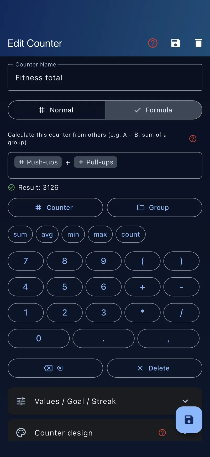 Formula editor with expression and live result
