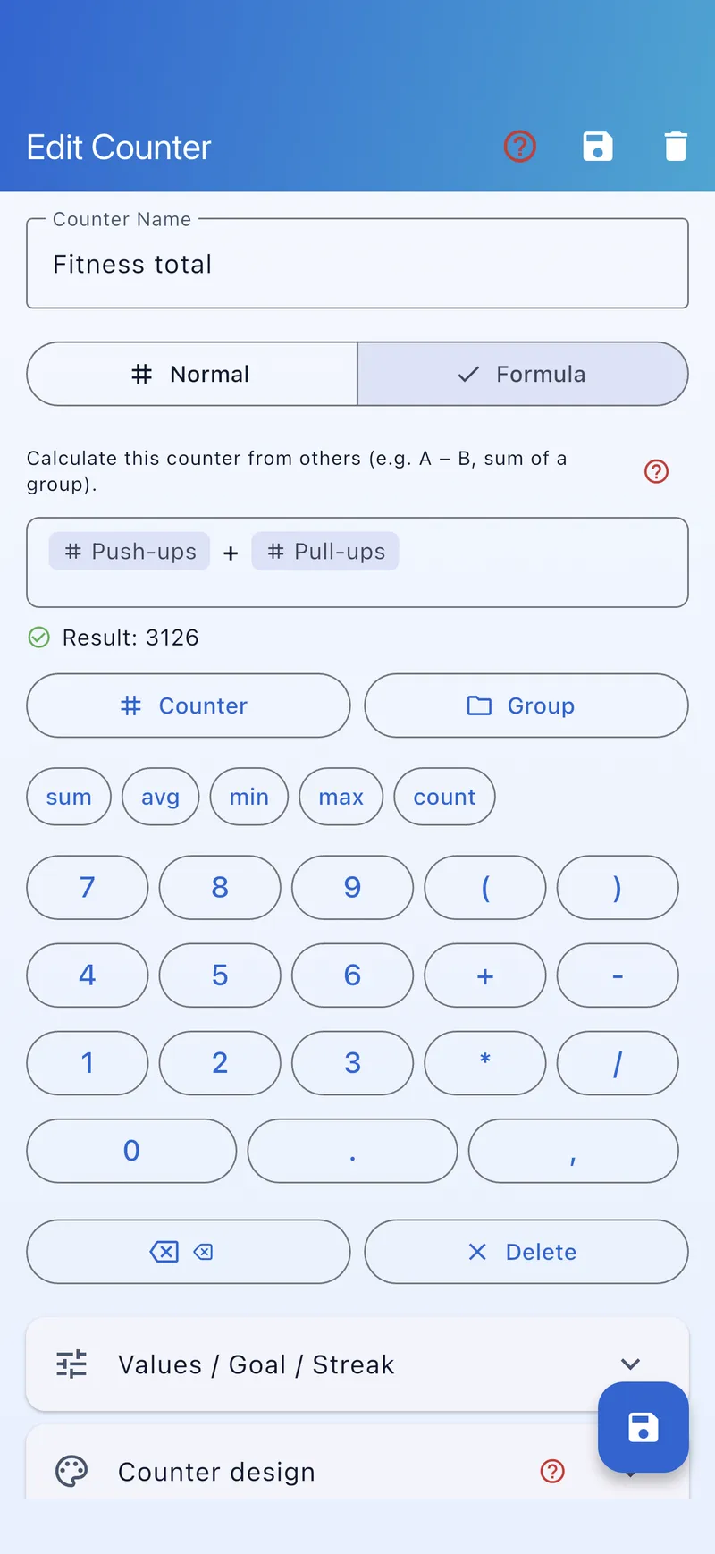 Formula editor with expression and live result