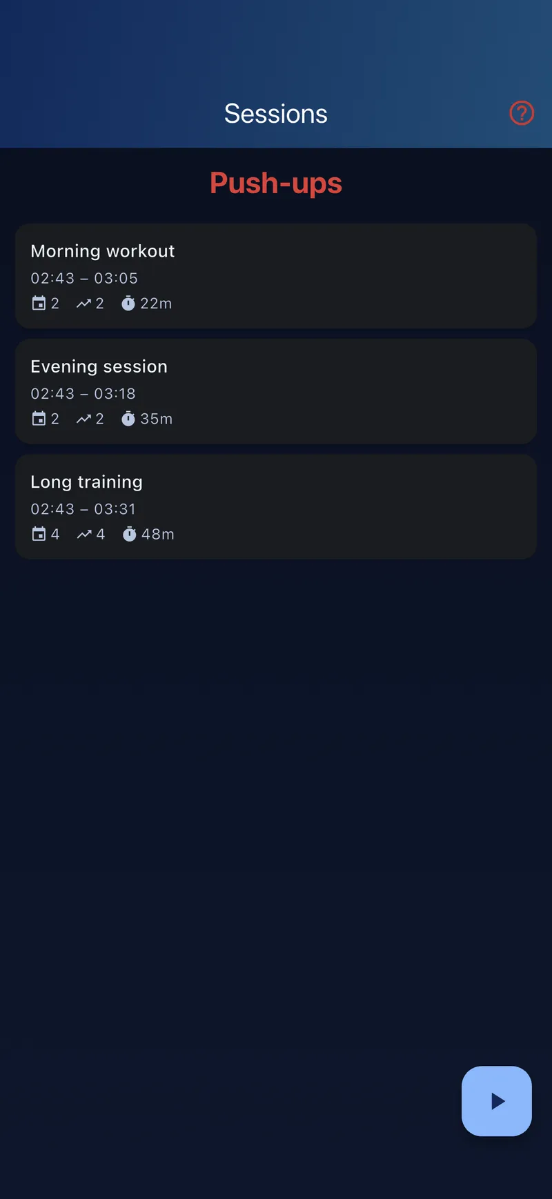 Session list with a running session