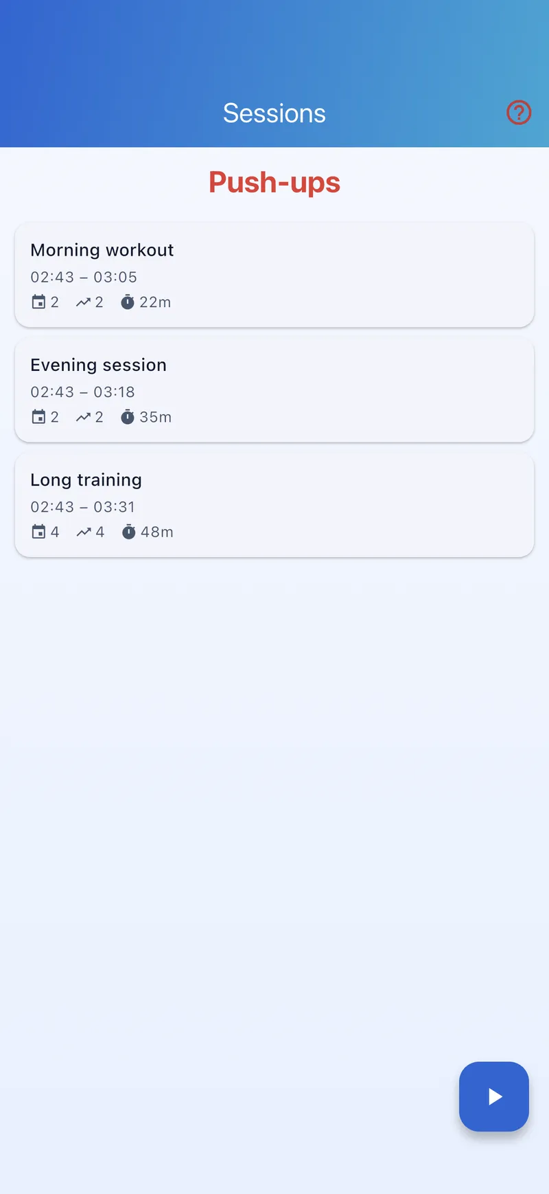Session list with a running session
