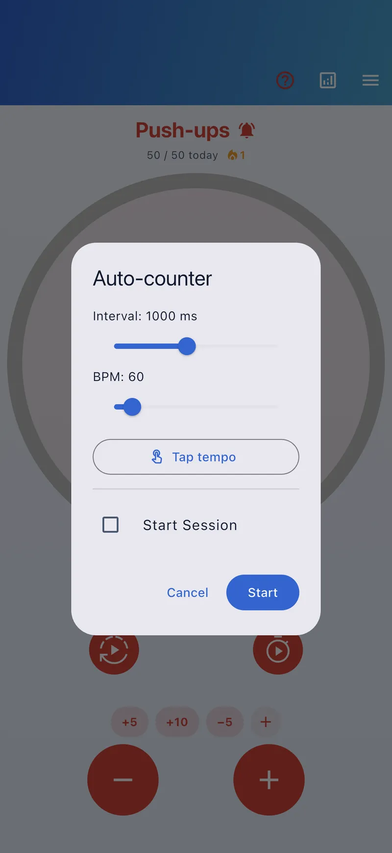 Auto-count dialog with interval, tempo and tap tempo