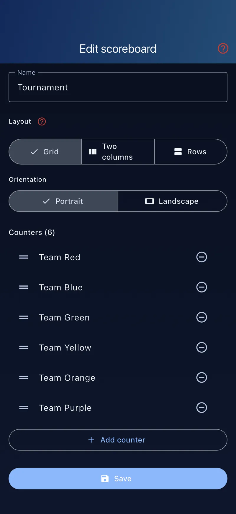 Editing a scoreboard – teams and settings