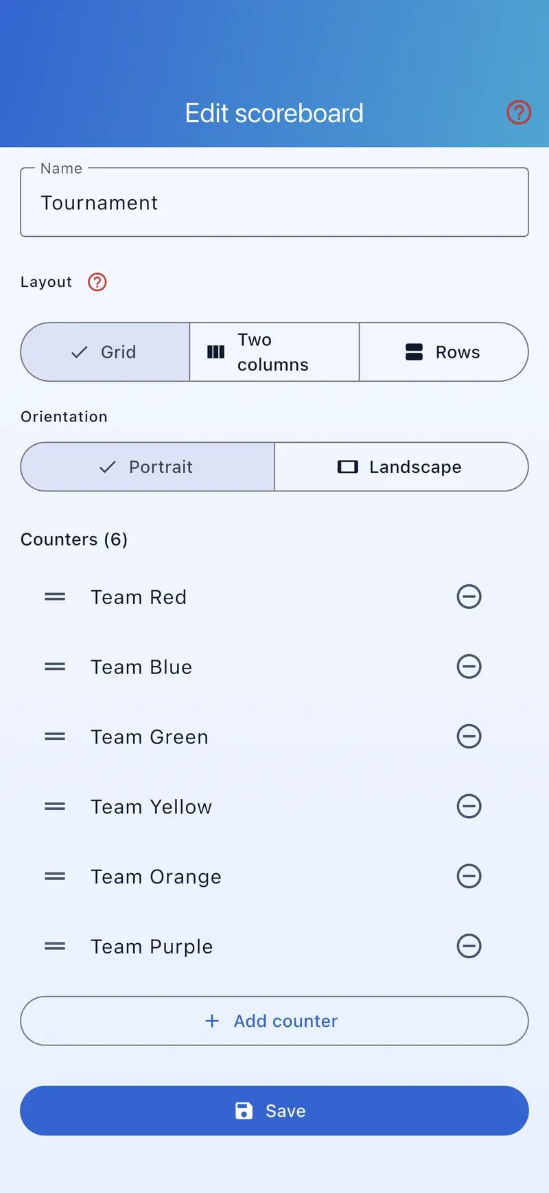 Editing a scoreboard – teams and settings
