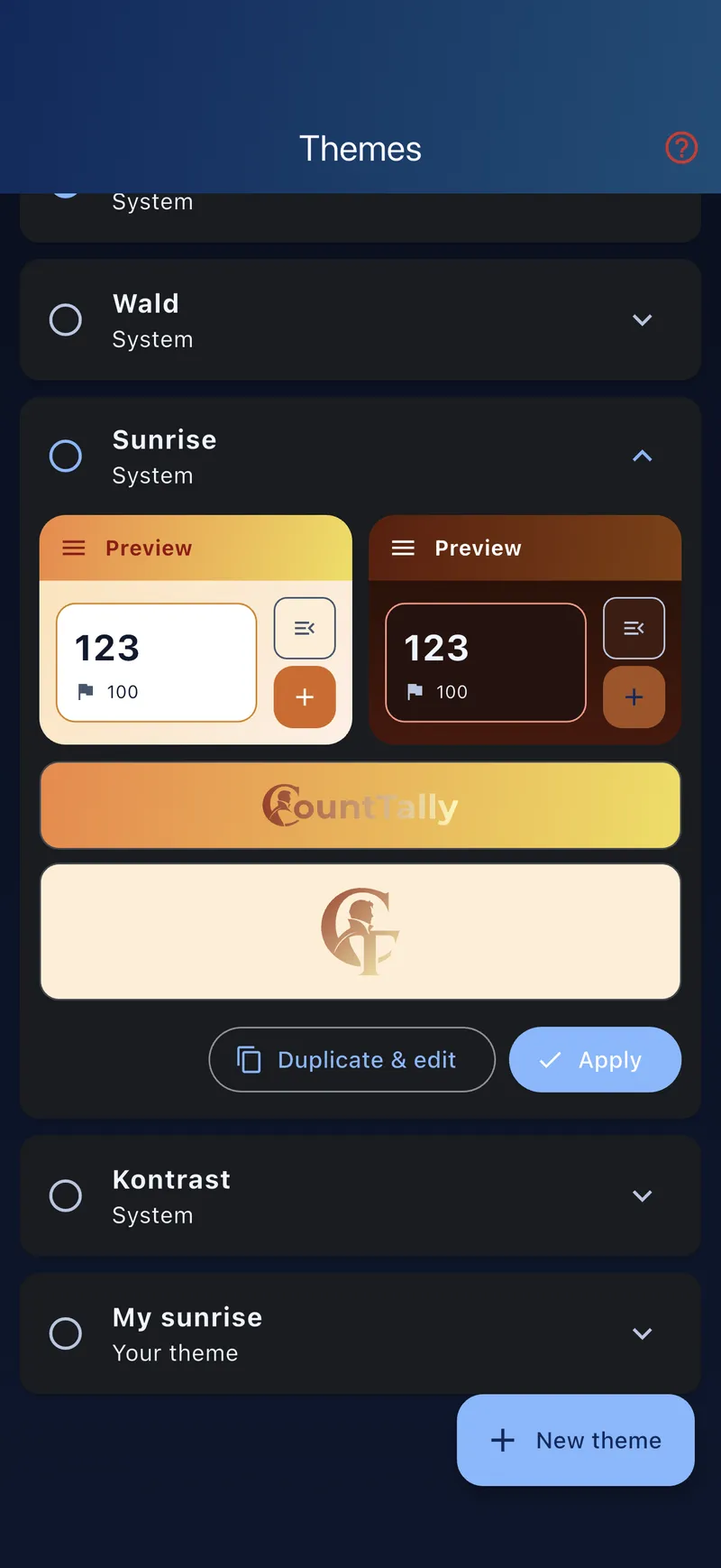 Themes list with the Sunrise theme expanded