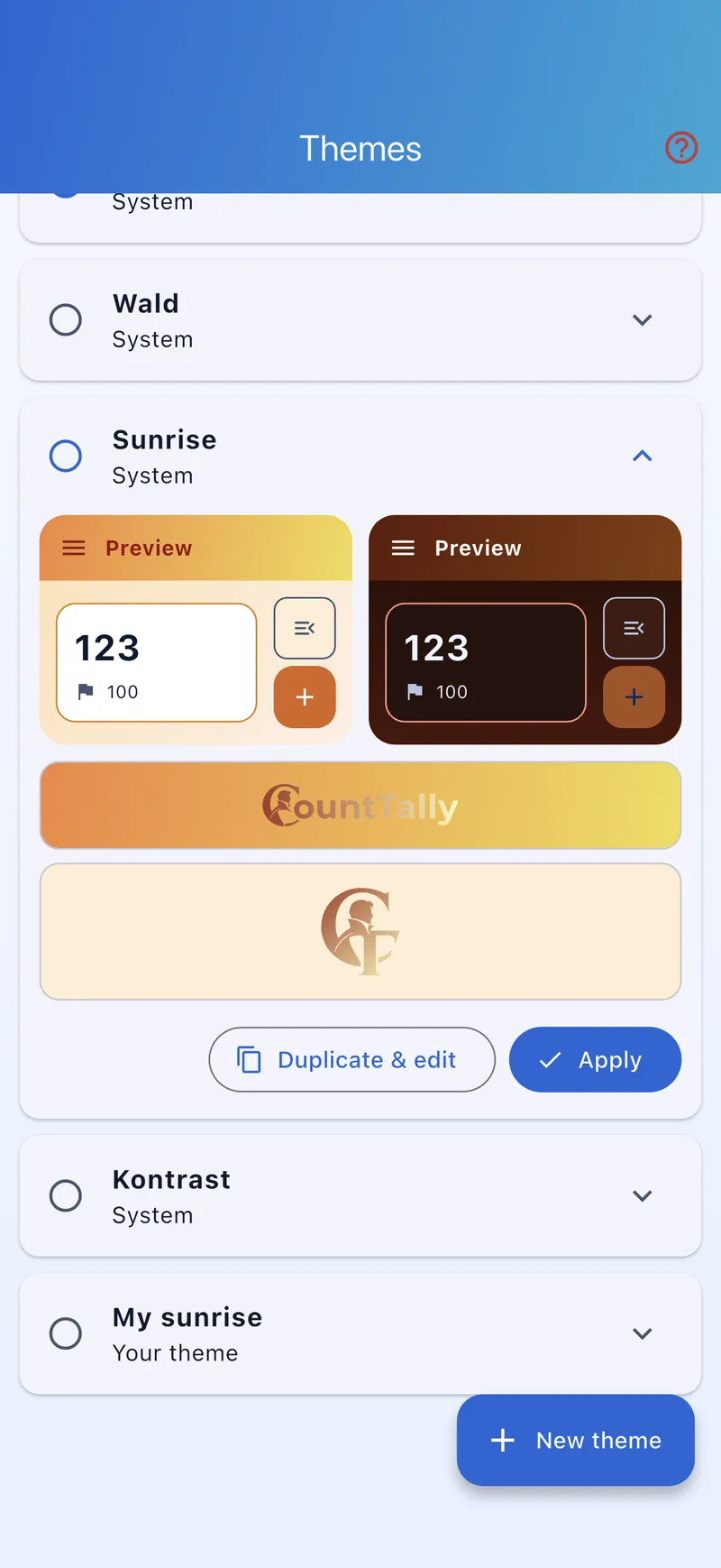 Themes list with the Sunrise theme expanded